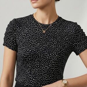 MAX MARA Polka Dot Ruched Cap Sleeve Jersey Top Black White